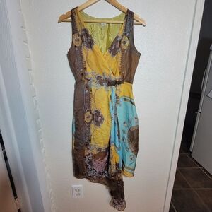 y2k Martha. N Wearable Art Couture 100% Silk Asymmetric Wrap Dress sz M Brown